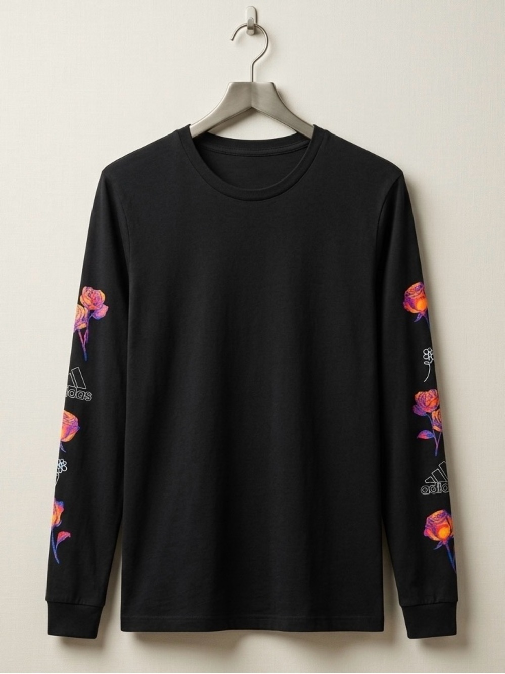 Adidas Men's Black Long-Sleeve Crewneck Tee with Floral Sleeve Print